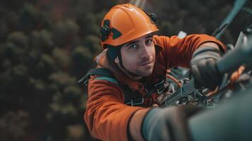 Telecommunication technician inspecting a telecom tower at high altitude photo