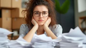 Thoughtful woman surrounded by documents and paperwork in a warehouse setting photo