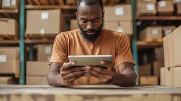 Warehouse worker using digital tablet for inventory management photo