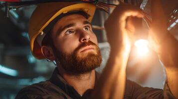 Technician installing and testing LED lighting systems in a commercial building photo