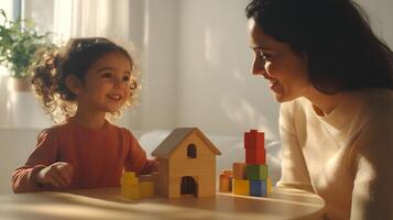 A young girl playing with wooden blocks smiling at her mother photo
