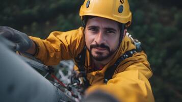 Telecommunication technician man climbing and inspecting a telecom tower photo