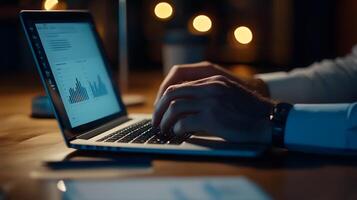 Businessman analyzing financial data on laptop computer photo