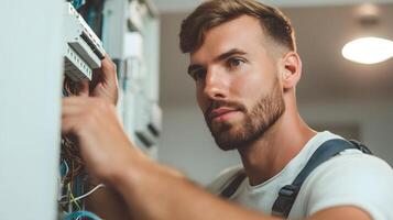 Technician configuring smart home devices and control panels photo