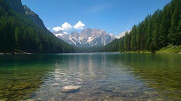 Serene mountain lake landscape photo