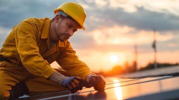 Engineer technician inspecting solar power plant at sunset photo