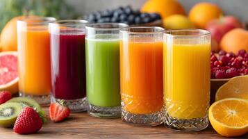 Assortment of fresh fruit juices on a wooden table photo