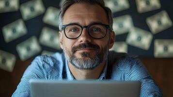 Mature businessman working on laptop for financial research and planning photo