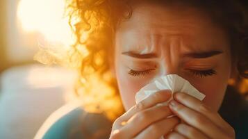 Woman sneezing and blowing nose while feeling ill in bedroom photo