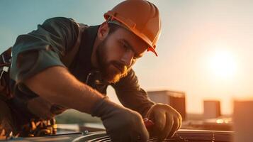 Technician servicing HVAC unit on commercial building rooftop photo