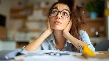Serious woman reviewing business documents and invoices photo