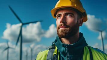 Wind turbine technician inspecting and maintaining blades at a renewable energy farm photo