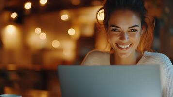 Smiling woman working remotely on laptop in kitchen photo