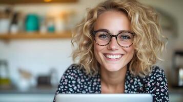 Smiling woman working remotely on laptop in her kitchen photo