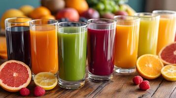 A selection of fresh fruit juices in glasses on a wooden table long title An assortment of photo