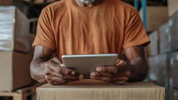 Warehouse worker using tablet for inventory management and distribution photo