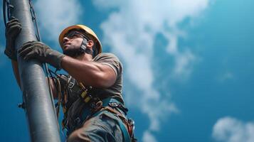 Telecom technician performing high altitude maintenance on a communications tower photo