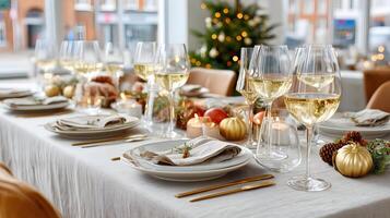 Elegant Christmas table setting in a formal dining setting photo