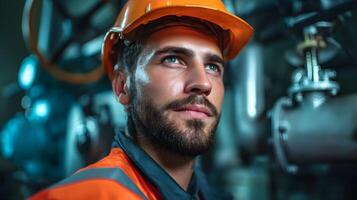 Hydropower technician monitoring turbine control systems in a power plant photo