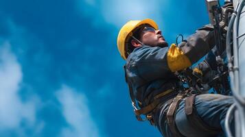 Telecommunication technician climbing and inspecting a telecom tower photo