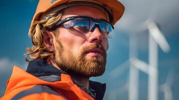 Wind energy technician inspecting wind turbine blades photo