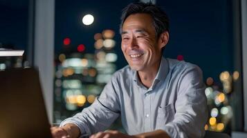 Focused office worker smiling at computer screen at night photo
