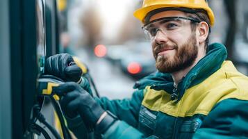 Technician inspecting electric vehicle charging station wiring and controls photo