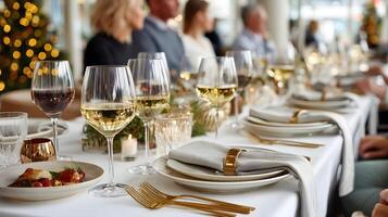 Elegant Christmas table setting in a high end restaurant photo