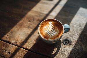 Cozy morning coffee with latte art on a rustic wooden table photo