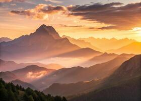 The sun is setting over the mountains in this photo