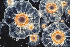 Microscopic view of cells showing intricate structures and nuclei photo