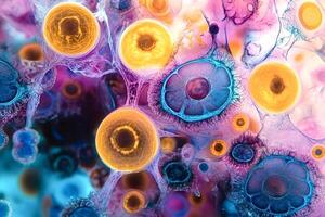 Microscopic view of cells dividing and multiplying in colorful organic environment photo