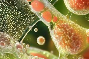 Colorful bubbles floating and reflecting light in an abstract microscopic world photo