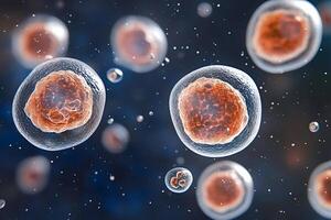 Human cells floating and dividing in a microscopic view photo
