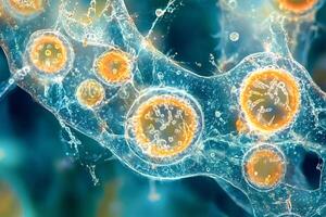 Microscopic view of biological cells showing cellular structures and processes photo
