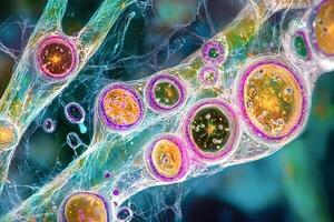 Microscopic view of cells showing intricate network and colorful structures photo