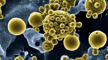 Microscopic view of budding yeast cells reproducing by budding photo