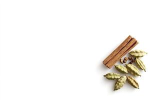 Cinnamon sticks and cardamom pods on white background photo