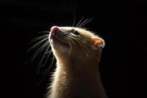 Ferret looking up in the dark with light on its face photo