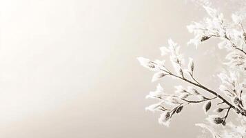 Close-up view of a frozen tree branch covered in snow and ice crystals, creating a serene and beautiful winter scene with a soft, light brown background photo