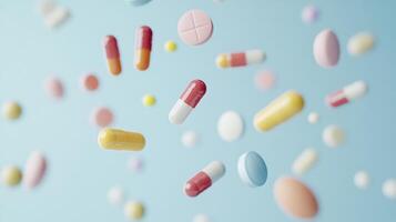 Many pharmaceutical pills and capsules of various shapes, sizes, and colors are falling against a light blue background, creating a dynamic and visually appealing arrangement photo