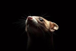 Ferret looking up in the dark with bright nose and whiskers photo