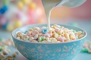 Milk pouring into a bowl of colorful cereal for breakfast photo