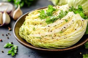 Sliced cabbage with parsley and pepper on rustic plate photo