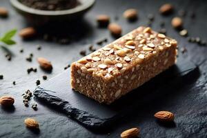 Protein bar with almonds and nuts resting on dark stone surface photo