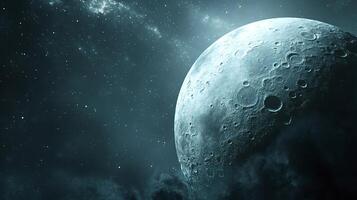 Moon emerging from darkness with stars and nebulae in deep space photo