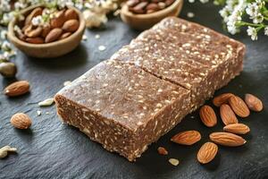 Homemade protein bar with almonds and oat flakes resting on a slate plate photo