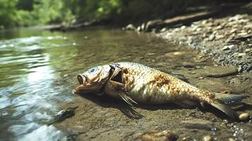 Dead fish lies on river bank showing pollution problem photo