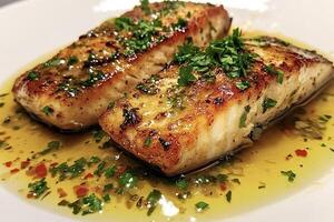 Delicious pan seared fish fillets with herbs and lemon butter sauce photo