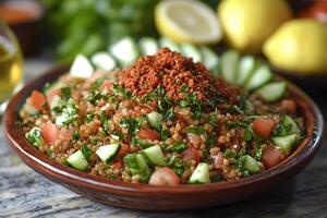 Kisir, turkish bulgur salad with tomatoes, cucumber, parsley and hot pepper paste photo
